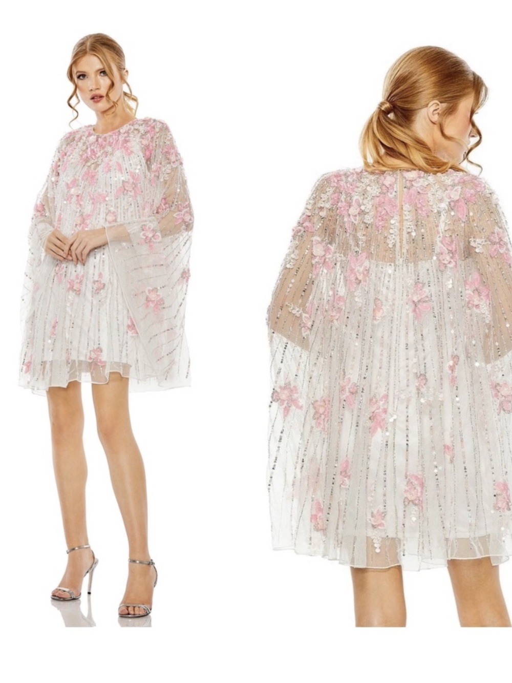 Like New, Worn Once Mac Duggal Embellished White & Pink Floral Cape Mini Dress